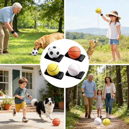 BAIFULAI 12 Stück Springball mit Schnur: Ø 6 cm Ball mit Schnur, Ball mit Gummiband für Handgelenkübungen oder Spielgeschwindigkeits, Basketball/Tennis/Baseball/Fußball(Mehrfarbig)