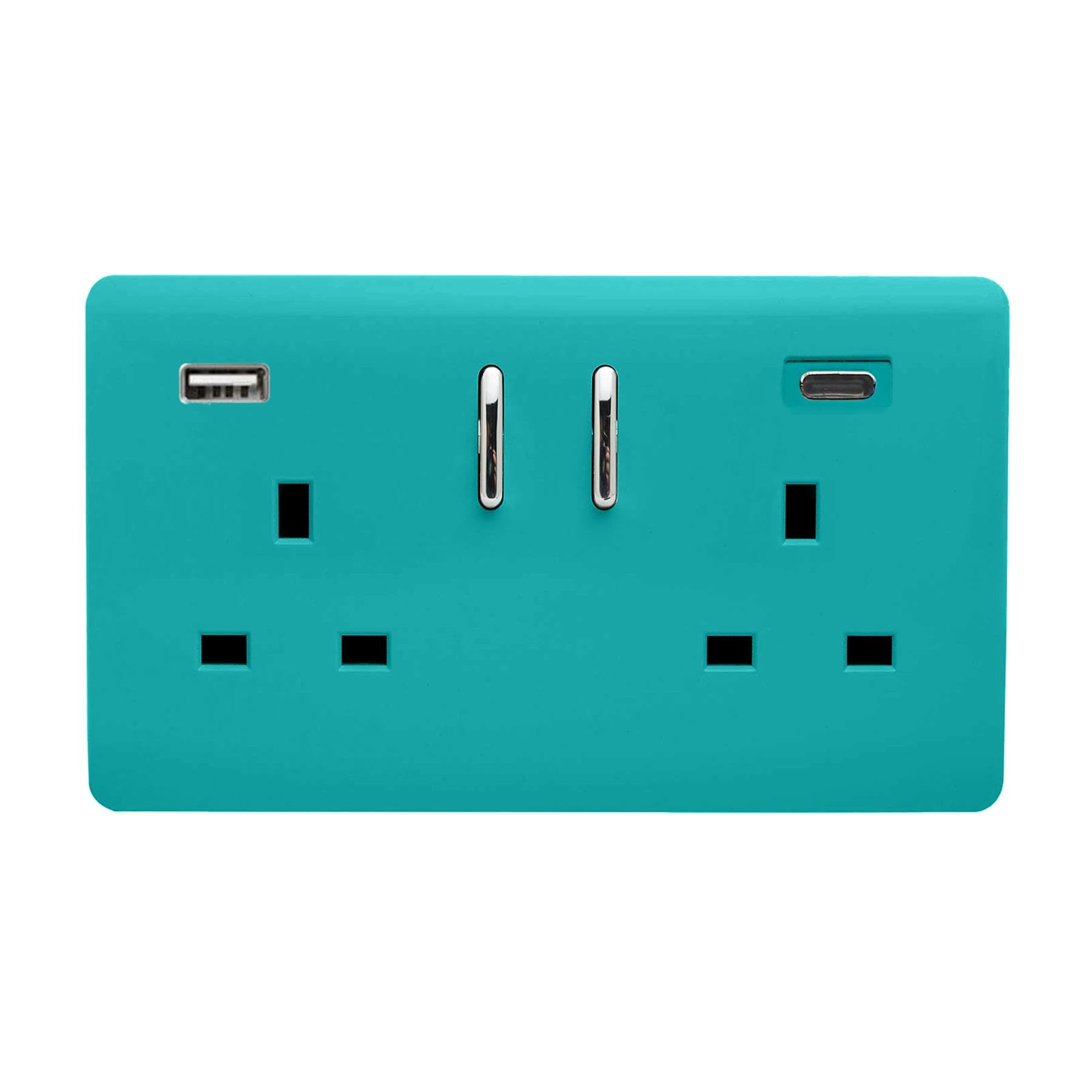 Trendi Switch Bright Teal Trendi 2 Gang Artistic Modern Glossy 13 Amp 2 X Type A & C 3.1A Usb Switched Plug Socket
