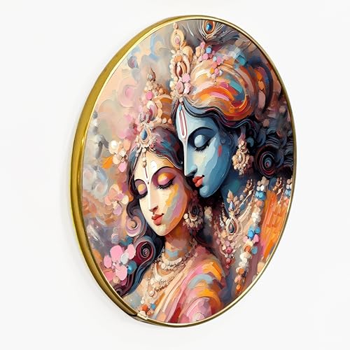 Image of Radha Krishna Round Wall Art Painting With Frame For Living Room | Vastu Love & Harmony Decor Framed Painting | Artistic Round Wall Hanging for Living Room, Bedroom & Gifting, 16 Inch