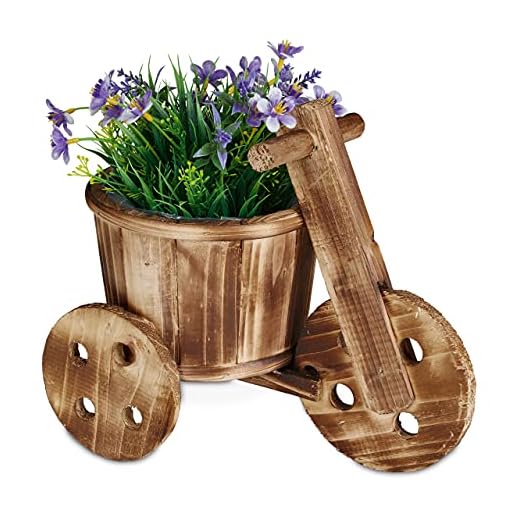 Relaxdays Macetero Madera Bicicleta, Decoración Jardín, Maceta Flores Exterior, Redondo, 25x30x16,5 cm, Marrón Natural
