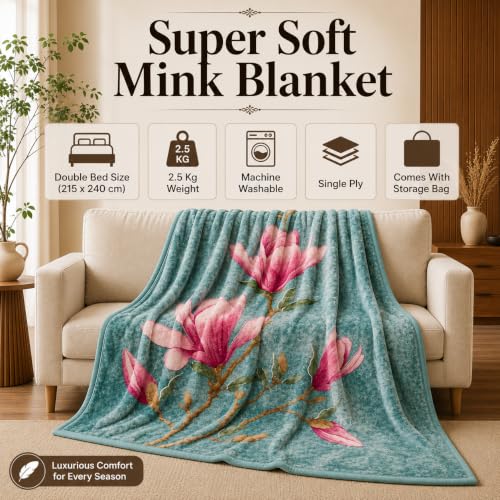 Image of Signature All Season Double Bed Blanket | Super Soft Plush, Lightweight & Cozy | 220 x 240 cm | 2.5 kg | Multi-Color Vibrant Print | Ideal for Winter, AC Use & Gifting (Teal Rose)