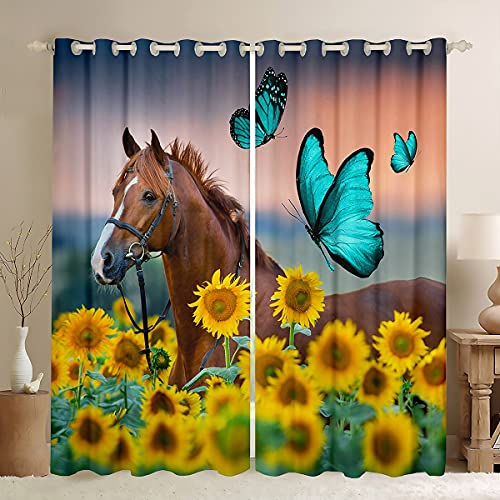 Horse Window Treatments Yellow Sunflower Printed Curtains Boys Girls Women 3D Wild Horse Window Curtains Teal Butterfly Decor Curtain Panels Cowboys Western Farmhouse Rustic Theme Curtains,76"X45" #TOP1