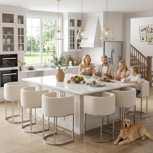 Image of HNY Modern Counter Height Linen Cream Fabric Upholstered Counter Stools Set of 3, 24 Inch Kitchen Island Stool with Chrome Finish Metal Frame