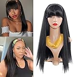 Headband Wigs for black women Kinky Straght hair wig with Detachable Bangs None Lace Front Wigs, Machine Made African American Headband Half Wig (22inch, Black)