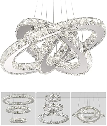 Led Crystal Chandelier, DIY Chandeliers Lighting 3 Ring Hanging Adjustable, Cool White Pendant lamp, Stainless Steel Ceiling Light Fixture for Living Room Dining Room Bedroom (Ring:15.7/11.8/7.9")