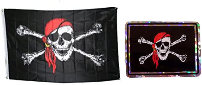 Deluxe Combo Set Jolly Roger Pirate Red Hat 3x5 3x5 Flag and 3"x4" Decal by Lumaglow