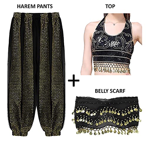 Image of VRITRAZ Women's Chiffon Belly Dance Chiffon Top, Harem Pants and Hip Scarf Ringy Golden Coins Fancy Pants