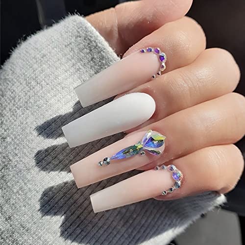 Ezpieces Bling Press on Nail, Shiny Luxury Fake Nails with Rhinestones, Coffin Crystal Fake Nails Long, False Tips Encru