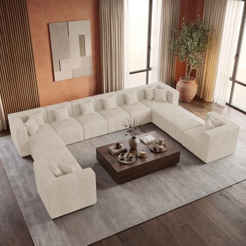 Image of MONVANE Modular Sectional Sofa, Oversized 12 Seat Convertible U Shaped Couch with Ottoman, Comfy Chenille Cloud Couch with Deep Seat, Sectional Couches for Living Room, No Assembly Required, Beige