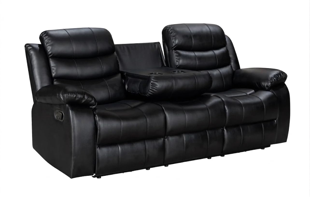 Divano Reclinabile 3 Posti in Pelle Nera con Portabicchieri – Sofà Relax Moderno con Sedili Reclinabili e Comfort Imbottito – 200 × 90 × 90 cm