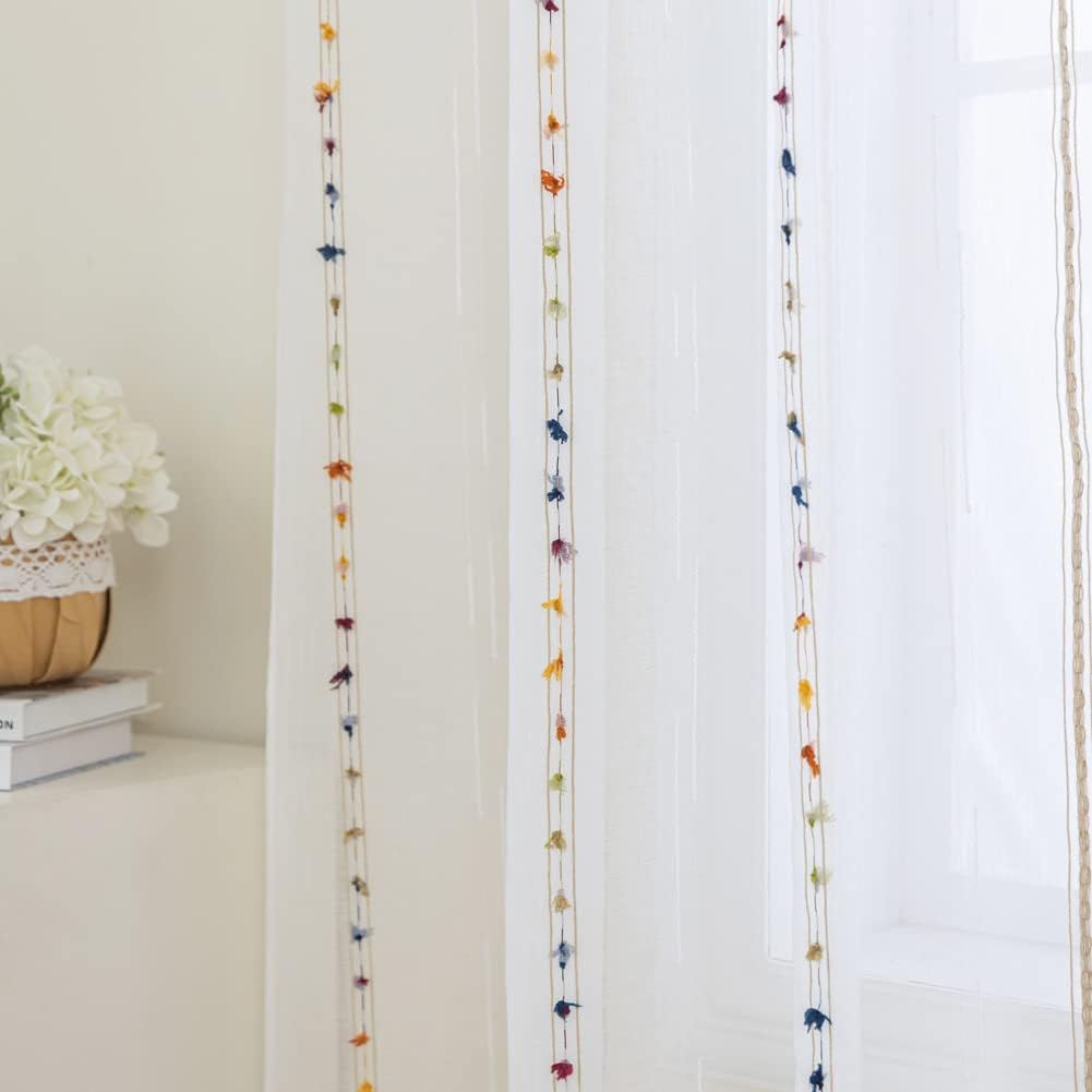 Rainbow Stripe Boho Sheer Curtains for Living Room 84 inch Long Embroidered Window Curtain Drapes for Bedroom Rod Pocket Top 52 x 84 inch 1 Panel