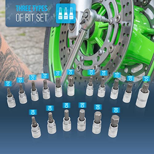 HASKYY Drehmomentschlüssel Set 3/8\ 5-60Nm Motorrad Chopper Custom-Bike mit viel Zubehör wie Verlängerungsstange, Bits, Nuss-Einsätze, Adapter