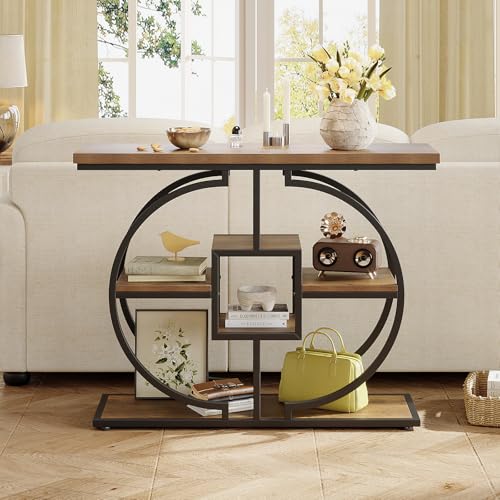 Trironsun Table console étroite pour couloir - Table de salon rustique à 4 niveaux avec cadre métallique rond, Industrielle - Table d'entrée en bois avec...