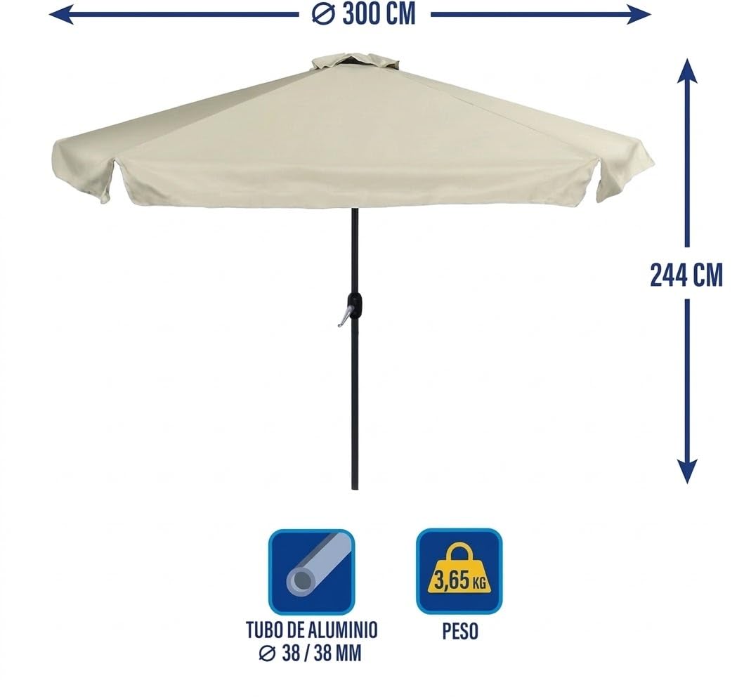 Aremar - Sombrilla Terraza Exterior Grande Octogonal 3 Metros de Diámetro, Sombrilla Jardín Grande 244 x 300 cm. Tela Poliéster 150gr/m2, Aluminio, Protección Solar UV50+