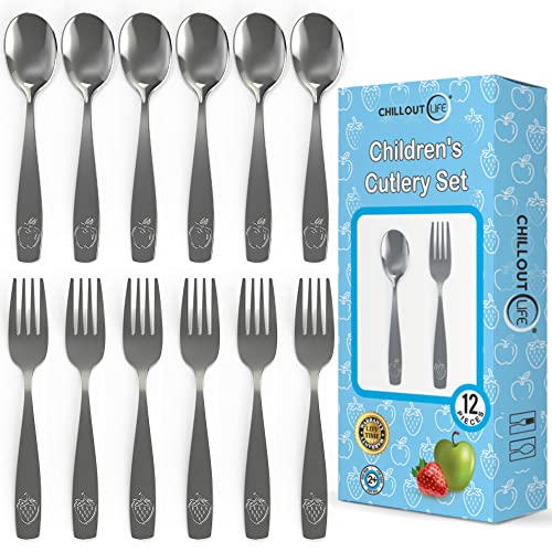 Image of CHILLOUT LIFE Stainless Steel Kids Silverware Set 12 Pieces - Child and Toddler Safe Flatware - Kids Utensil Set - Metal Kids Cutlery Set (Includes 6 Small Kids Spoons & Kids 6 Forks)