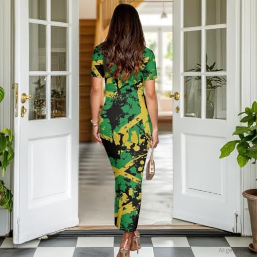Image of Womens Short Sleeve Jamaican Flag Midi Bodycon Dress
