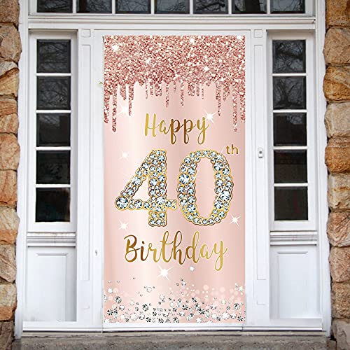 Image of 40th Birthday Door Banner Decorations for Women, Pink Rose Gold Happy 40th Birthday Door Cover Party Supplies, Large Forty Year Old Birthday Poster Backdrop Sign Decor