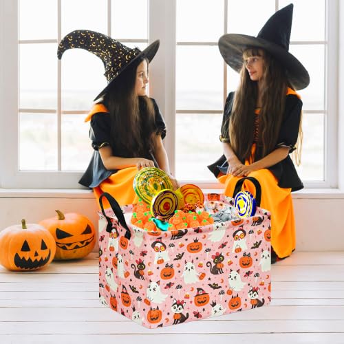 Image of Pink Halloween Storage Basket for Girls, Pumpkin Ghost Bat Spider Design