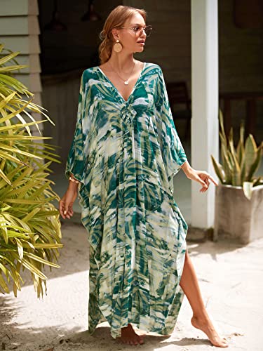Image of IMAGEKOPE Women's Plus Size Animal Print V-Neck Batwing Kaftan Beach Dress Bathing Suit Cover-Up Loungewear
