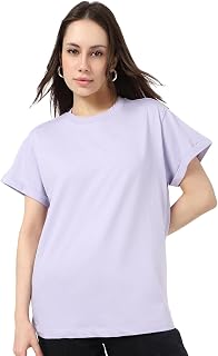 Bewakoof Women's Solid Boyfriend Fit Half Sleeve Round Neck Cotton Jersey T-Shirt_657354_Purple_XL Price In India