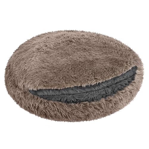 Hundebett Katzenschlafsack 2in1 - Kuschelhöhle & Schlafsack für Hunde und Katzen - Shaggy Fell außen, Sherpa innen - Durschmesser 80 cm - Anti-Slip Unterseite - Made in Poland - Größe XL Beige