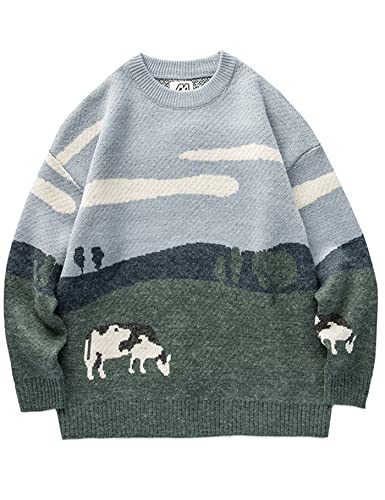 VDWIP Men's Oversized Sweater Cows Graphic Casual Unisix Pullover Sweaters Vintage Knitted Retro Couple Tops