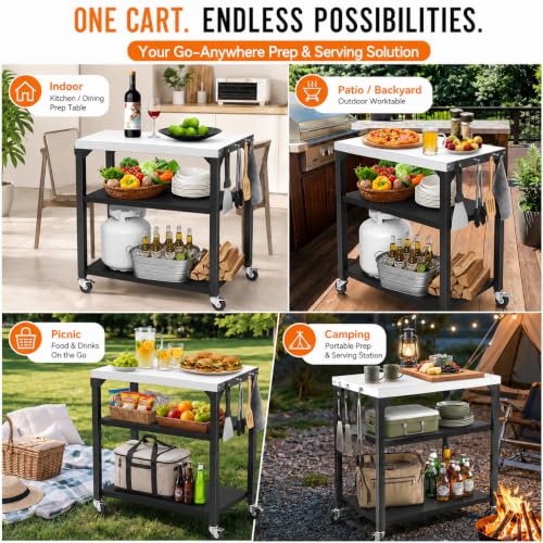 Image of Hisencn 3-Tier Pizza Oven Table, Stainless Steel Outdoor Grill Prep Cart
