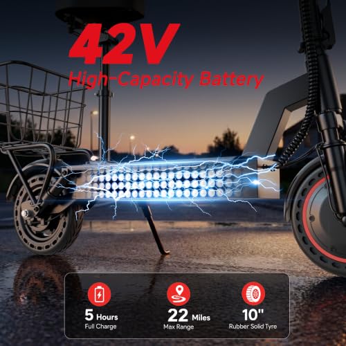 Image of Electric Scooter with Seat, 500W Motor, 20 MPH & 21 Miles Range, 10 Inch Solid Tires, Front Suspension, Foldable Commuter E-Scooter with LCD Display, Dual Braking and Basket