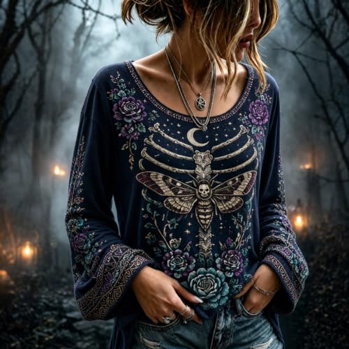 Womens Halloween Shirts Casual Skeleton Crew Neck Bell Sleeve Top - image 2