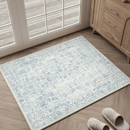 Blue Entryway Area Rug 2x3 Door Mat Machine Washable Kitchen Vintage Distressed Non Slip Carpet Indoor Retro Floral Accent Throw Small Rug for Bathroom Office Bedroom Dining Room