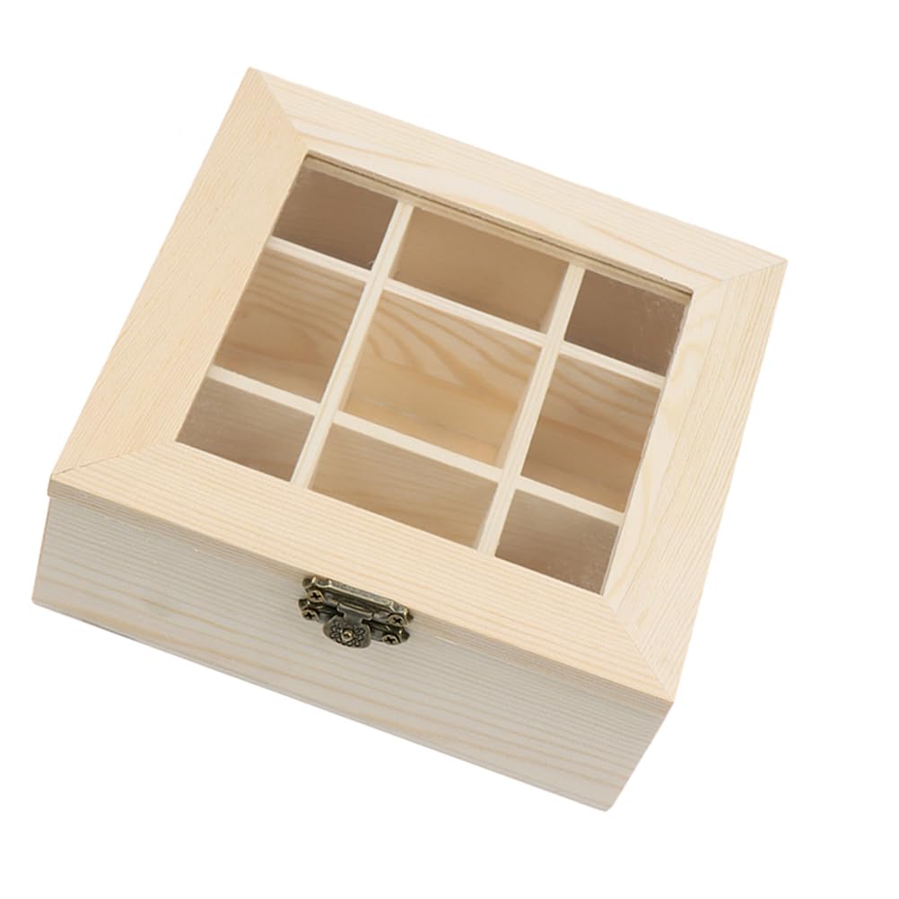 Beavorty 1Pcs Wood Tea Box Storage Organizer Rustic Tea Bag Holder Rack Coffee Storage Box Organizer with 9- Compartment and Glass Window for Coffee Tea Sugar Sweeteners Creamers