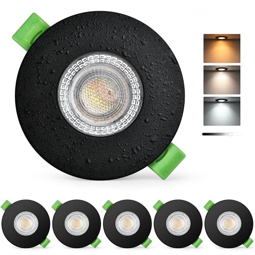 KYOTECH Projecteur LED Encastré 230V Dimmable 60-75mm Forage, Spot LED 7W 770LM Ultra Plat, Spot de Plafond 2700K/4000K/6000K, Luminaire Encastré IP65 pour Salle de Bain Balcon Salon, Noir 6 Pièces
