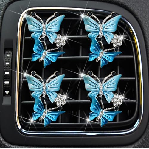 Image of 4 Pcs Butterfly Air Vent Clips, Car Vent Clips Dual Butterfly Air Vent Freshener Clip Decoration, Car Interior Decor Bling Cute Accessories Car Decoration for Women + Sunflower Mask Hook (Blue, 4)