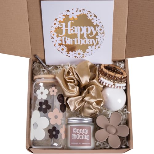 Image of JTEWB Birthday Gifts For Women, Teen Girl, Her, Happy Birthday Gift Box For Girl, Women, Sister, Daughter, Friends, Cute Daisy Aesthetic Glass Cups Gift Set 7pcs (Mocha Brown)