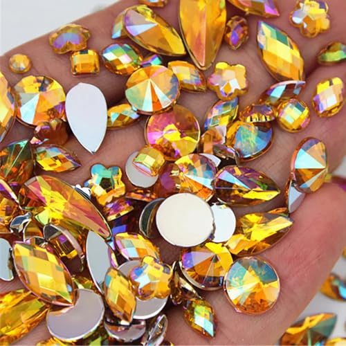 1000pcs AB Crystal Rhinestones Gems for Crafts, Flatback Jewels Gemstone for Costume Making, Halloween Party, Clothes, Nail Crafting Embellishments Decorations(Golden Yellow AB)