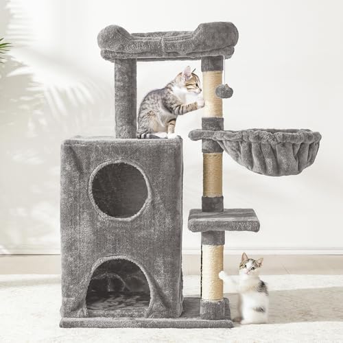 Keygarzone Multi-Level Cat Tree Tower for Large Cats with Scratching Posts, Condos, Perch, Hammocks & Toys, Cat Jungle Gym for Indoor Cats, Ideal for Multi-Cat Households, Grey