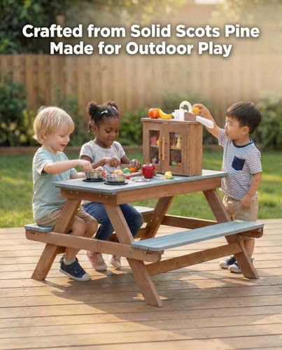 Image of Mud Kitchen for Kids Outdoor, Wooden Play Table with Hand Pump and Sink, Picnic Bench, Stainless Steel Cookware & Bucket, Backyard Sensory Play Kitchen for Toddlers Age 3+