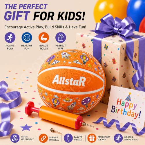Image of PLUSPOINT Kids Basketball with Air Pump | Colorful Printed Rubber Basketball for Indoor & Outdoor Play | Training Sports Ball for Kids | Easy Grip Basketball for Boys and Girls
