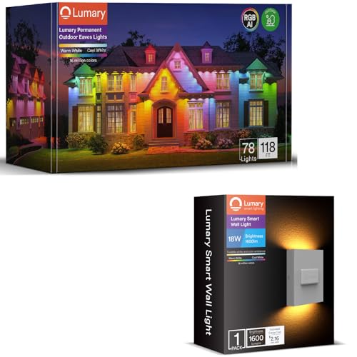 Lumary Permanent Outdoor Lights 118ft with 78 LED Lights, RGBAI Smart Eaves Lights IP65 Waterproof, Year-Round Outdoor Lighting for Halloween, Christmas, Holiday, Party, APP/Voice/Remote/Control