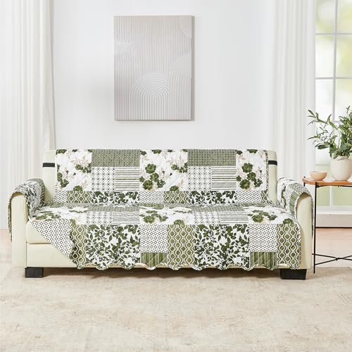 Image of Great Bay Home Reversible Patchwork Sofa Cover - Washable Slipcover Furniture Protector with Elastic Straps - Perfect for Kids & Pets - Box-Stitched Detail (Olive /Brown)