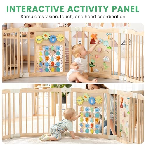 Image of Foldable Wooden Playpen - Adjustable Wood Baby Play Yard with Child-Proof Lock, Indoor Large Safety Fence for Babies and Toddlers - Easy Assembly, 55 x 55 x 24 inches, Dino Land, Natural