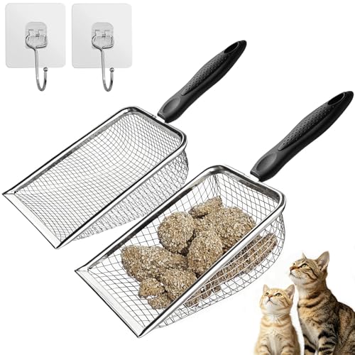 2 Pack Cat Litter Scoop with 3.8mm & 5mm Mesh Stainless Steel Kitten Litter Scoop with 2 Adhesive Hooks Metal Cat Poop Scooper for All Litter Types Efficient Sifting & Easy Cleaning for Litter Box