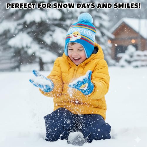 Image of Nickelodeon Boys' Baby Shark Winter Hat and 2 Pairs of Mitten Set (Toddler)