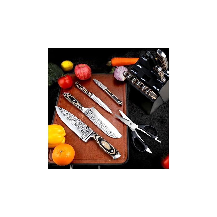 Knife-Sets-for-Kitchen15-piece-Hammered-Desgin-Knife-Set-with-Block-and-Sharpener-High-Carbon-Stainless-Steel-Chef-Knives-with-Grey-Triple-Rivet-Handle-Ultra-Sharp-and-Dishwash-Safe Knife Sets for Kitchen,15-piece Hammered Desgin Knife Set with Block and Sharpener, High Carbon Stainless Steel Chef Knives with Grey Triple Rivet Handle, Ultra Sharp and Dishwash Safe