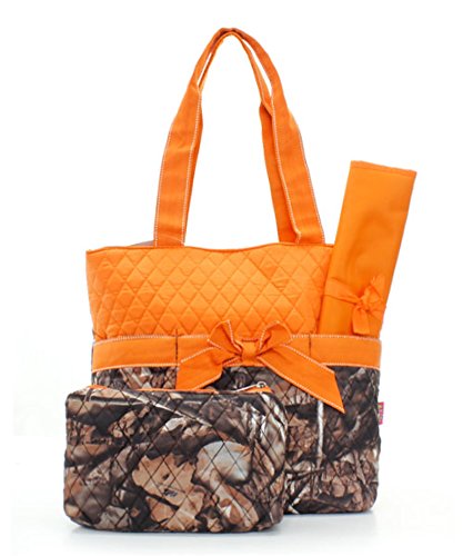 METERO Quilted Orange And Natural Camo Print Monogrammable 3 Piece Diaper Bag With Changing Pad Tote Bag