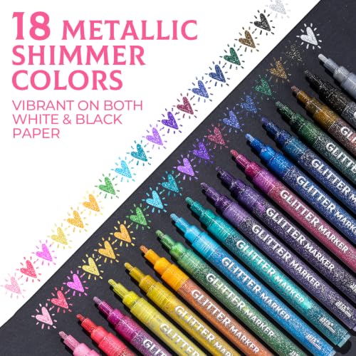 Image of 18 Metallic Colors Glitter Markers, Acrylic Paint Markers 2mm Medium Tip | Water-Based,Non-Toxic Ink Glitter Paint Pens for Adults Rock Painting, Fabric, Cards, Journaling & DIY Crafts