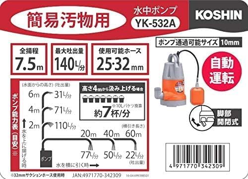 工進(KOSHIN) 簡易 汚物用 水中 ポンプ YK-632 AC-100V 60Hz 口径 32mm 内径 25mm 32mm ホース 使用可能  排水 散水 [32mm] [60Hz] 工進(KOSHIN) 簡易 汚物用 水中 ポンプ YK-632 AC-100V 60Hz 口径 32mm 内径  25mm 32mm 簡易 汚物用 水中 ポンプ YK-532A AC-100V 50Hz 口径 32mm フロート スイッチ 自動 運転 内径 25mm