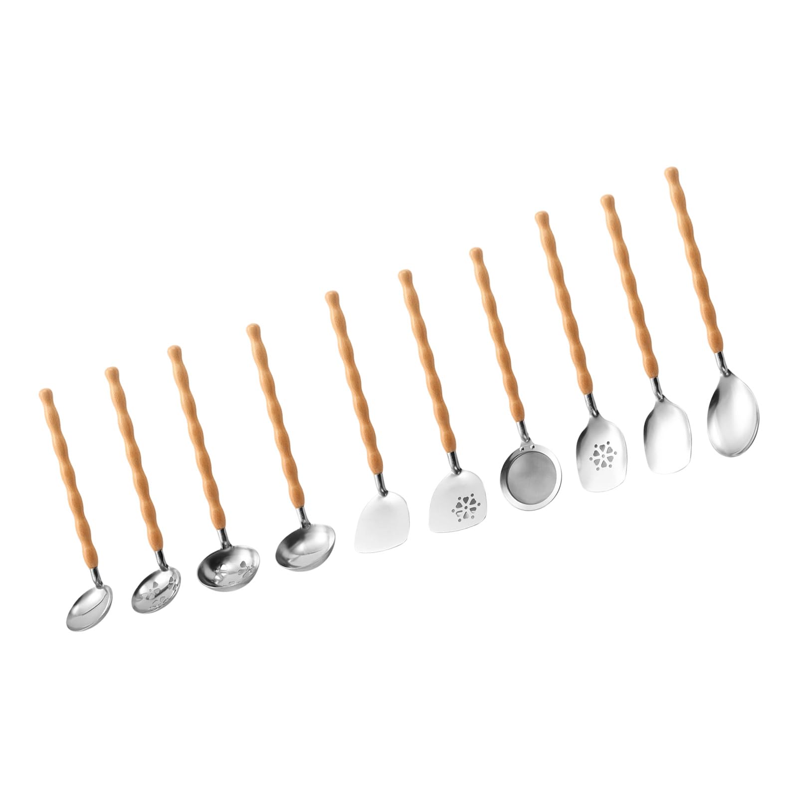 10-teiliges rostbeständiges Edelstahl Küchenwerkzeug Set, Naturholzgriff, Kochutensilien für sicheres, gesundes Kochen, ergonomisches Utensilien Set