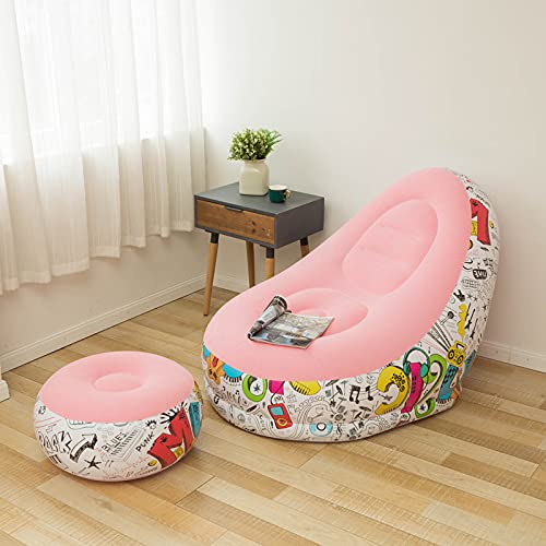 Image of Primechoice Inflatable Lounge Chair with Footrest 2-in-1 Air Sofa for Adults, Folding Portable Lazy Recliner with Pump for Indoor Living Room, Bedroom, Office, Outdoor Camping (Graffiti Pink)