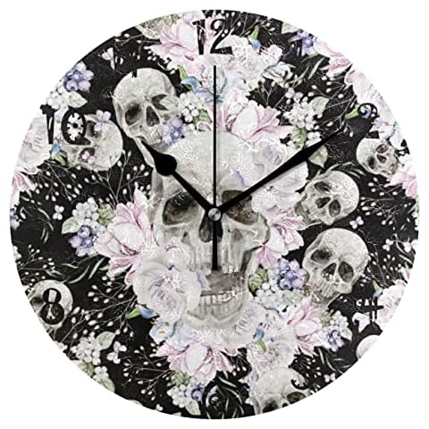 Sawhonn Daisy Flower Sugar Skull Halloween Wall Clock Silent Non-Ticking Battery Operated Round Clocks for Boys Girls Home Room Bedroom Kids Cover